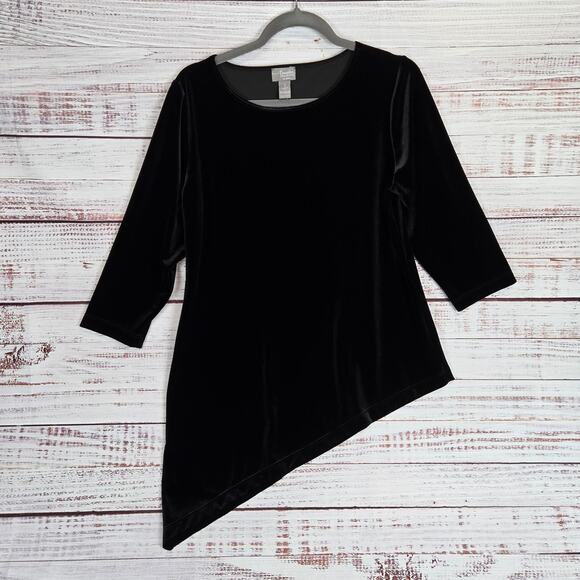 Chicos Traveler Black Sierra Velvet Sweater 1(M) Asymmetrical Hem Whimsigoth NWT - Picture 1 of 10